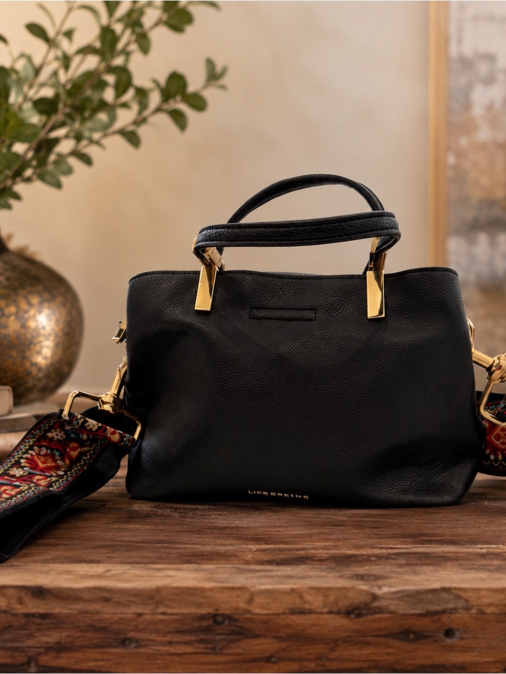 Like Dreams Black Leather Satchel with Gold Accents